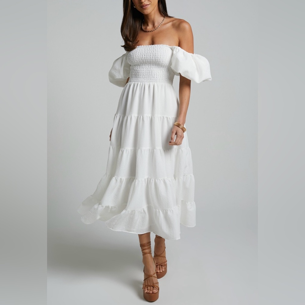 Showpo Maxima Midi Dress, Puff Sleeve Tiered Dress, size US 2, in White